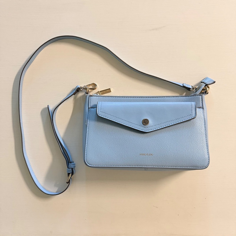 Anne Klein Light Blue Pebbled Crossbody Bag with Removable Logo Pouch